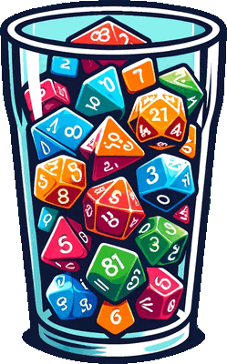 A pint glass filled with colorful dice